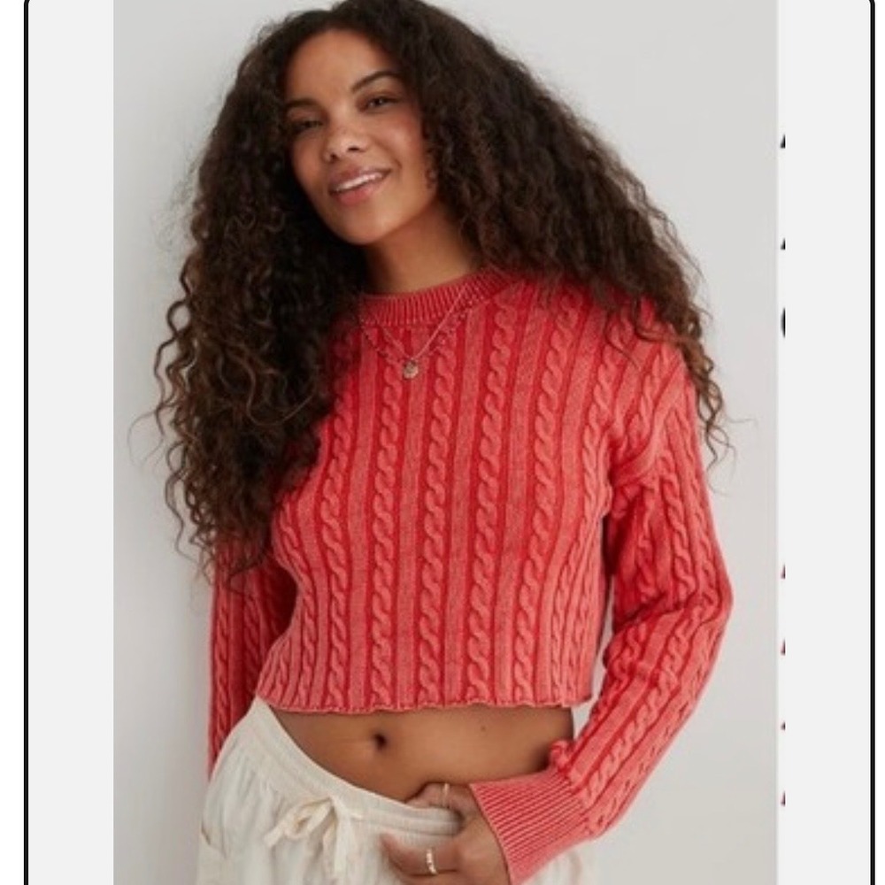 Aerie Cable Knit Cropped Sweater Coral Pink Cotton Pullover Women Small